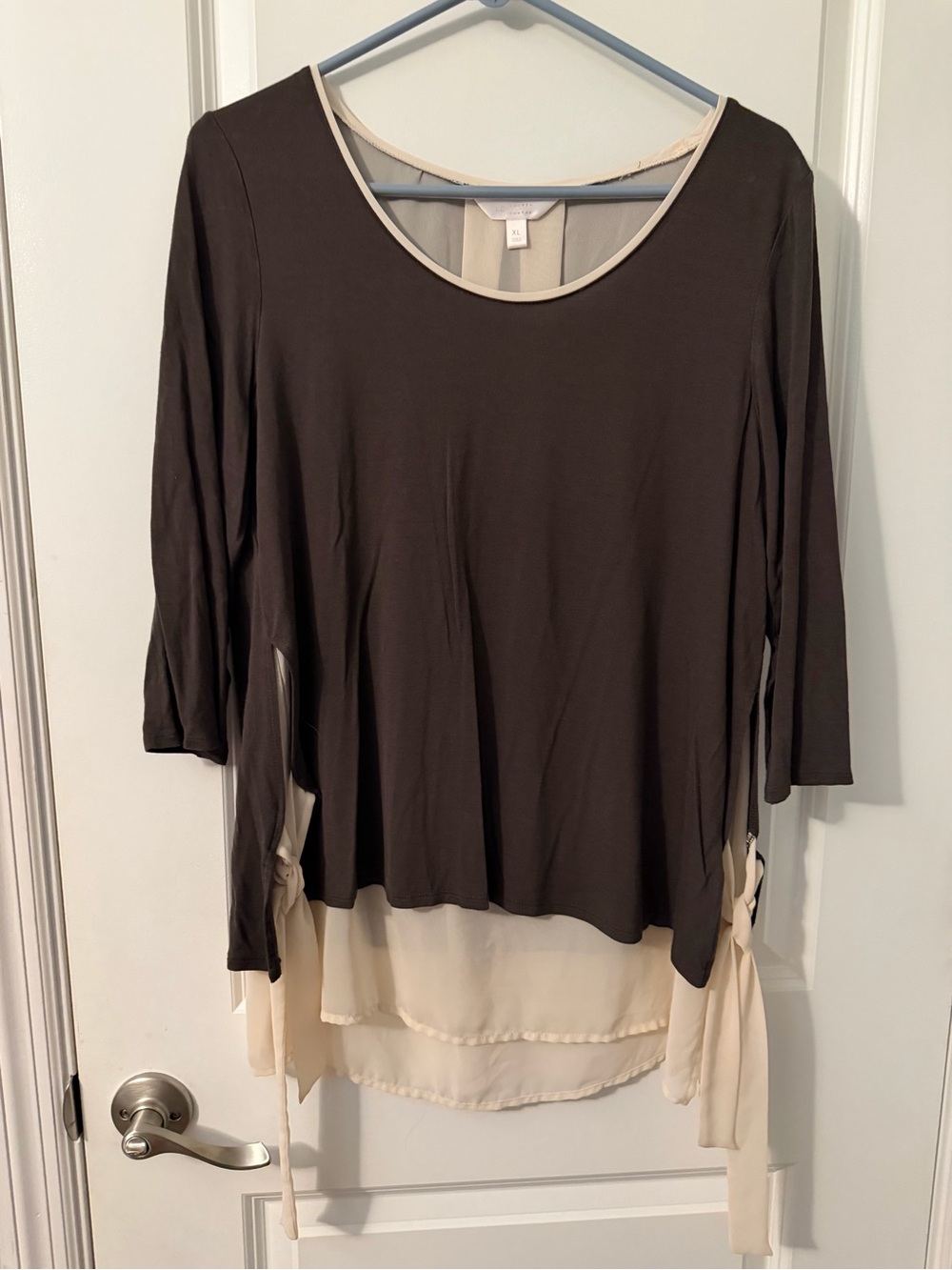 Lauren Conrad Two-Tone Scoop Neck Layered Tunic Top - Olive and Cream, Sz XL
